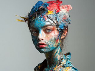 Wall Mural - A striking fashion shoot showcasing ultra realistic makeup with vibrant colors and artistic expression. models face is adorned with unique blend of paint, creating captivating visual impact