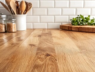 Clean wooden kitchen countertop with utensils and fresh herbs.