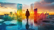 © TPS Studio - A figure walking through vibrant city made entirely of translucent structures, reflecting colorful lights against stunning sunset. scene evokes sense of wonder and exploration