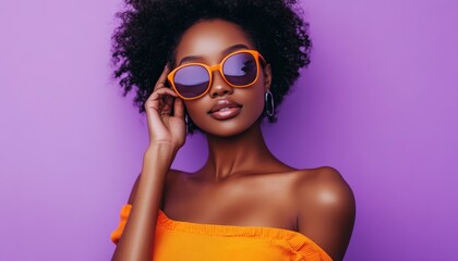 Wall Mural - beautiful black woman with curly hair in sunglasses in orange wear on purple background