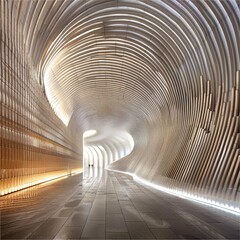 Wall Mural - Golden Light in Abstract Architectural Tunnel, Curved Lines, Smooth Surfaces, Modern Design