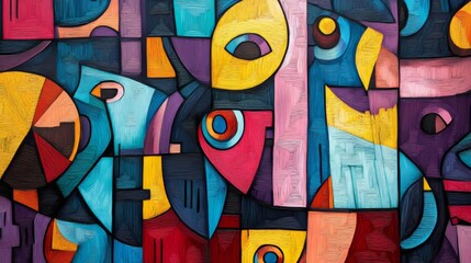 Wall Mural - Abstract Cubism Pattern with Vibrant Folk Art Colors