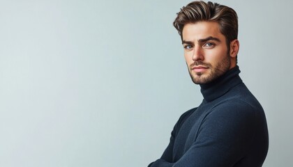 Wall Mural - handsome brown-eyed muscular man model with unshaven stubble wearing in blue turtleneck on light background, portrait