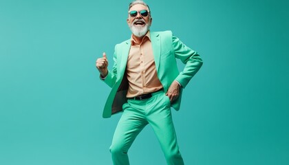 Wall Mural - portrait of funny extravagant aged man excited dancing green suit