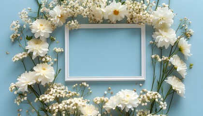 Wall Mural - Romantic Flat Lay of White Gypsophila Flowers and Photo Frame on Soft Blue Background for Celebrations and Special Occasions