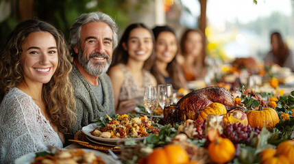 happy family or friends sitting at the table and celebrating Thanksgiving