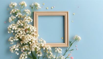 Wall Mural - Romantic Flat Lay of White Gypsophila Flowers and Photo Frame on Soft Blue Background for Celebrations and Special Occasions