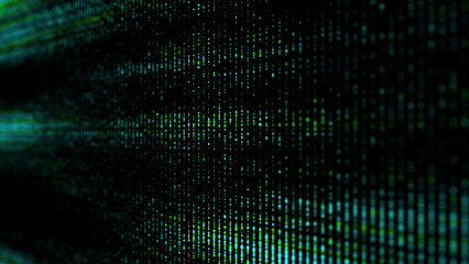 Stream of binary code. Green matrix background. Falling dots texture on dark backdrop. Digital computer code. Coding and hacking. 3D rendering.