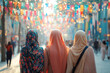 © EvgeniiasArt - Young Muslim Women in Hijab Walking on a Busy Street with Colorful Flags