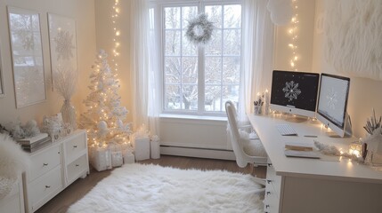 A cozy winter wonderland home office with soft lighting, snowflake decor, and festive touches for a bright and inviting workspace