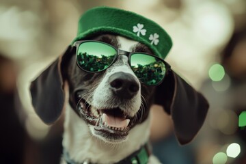 Wall Mural - Stock Illustration of a happy dog wearing a St. Patrick's Day costume. Festive funny banner with space for copy.