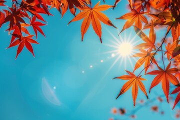 Wall Mural - Bright red maple leaves against blue sky, Ai Generation