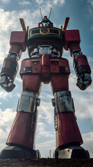 In the Japanese tokusatsu style of the Showa period, present the image of a huge robot