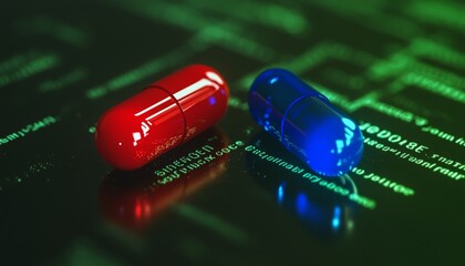 Choice Between Red Pill Blue Pill on Digital Green Matrix Background