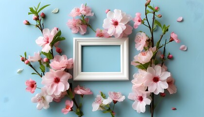 Delicate spring flowers surrounding an empty photo frame on a pastel blue background, perfect for wedding and Mothers Day celebrations