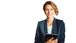 © BlazingDesigns - Smiling young businesswoman holding a digital tablet on transparent background PNG.