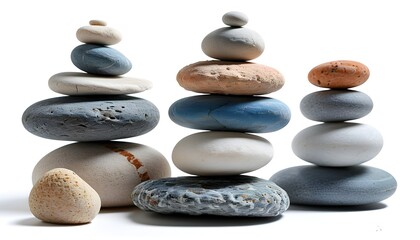 Wall Mural - Harmony and Balance: A Pyramid of Balanced Pebbles on a White Background