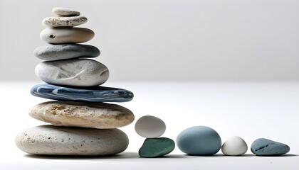 Sticker - Harmony and Balance: A Pyramid of Balanced Pebbles on a White Background