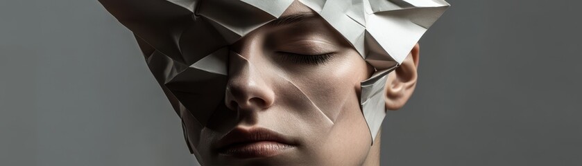 Wall Mural - Conceptual portrait of person with face covered in folded paper, evoking sense of mystery and creativity. unique design highlights interplay between art and identity