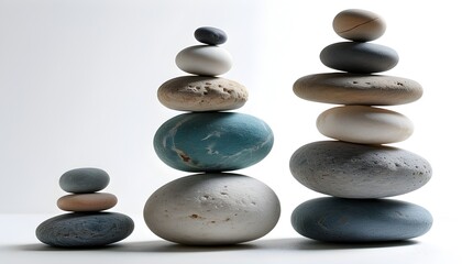 Sticker - Harmony and Balance: A Pyramid of Balanced Pebbles on a White Background