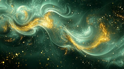 Sticker - Enchanting 3D Waves with Golden Sparkles on Deep Green Background