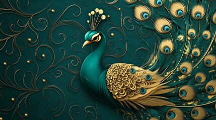 Sticker - Majestic 3D Peacock Patterns with Luxurious Gold Details on Emerald Background