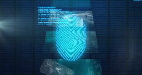 Poster - Animation of fingerprint over data processing on black background