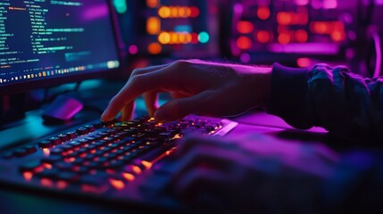 Closeup of hands typing on a keyboard with digital technology, software development concept. Coding programmer, software engineer working on laptop	