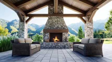 Poster - A fireplace in a covered patio with couches and chairs, AI