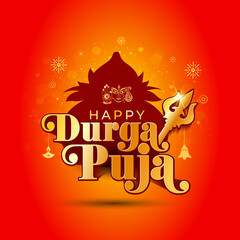 Sticker - Happy Durga Puja with kalash pot logo design for Navratri festival. Vector Bright red festive background.