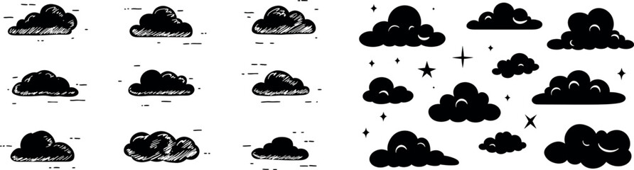 celestial elements of chinese and curl clouds in linear and silhouette styles..