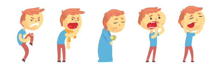 Sticker - Boy Character Feel Unwell Suffer from Disease Symptoms Vector Set