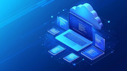 Leinwandbilder - A set of isometric icons featuring computers, laptops, tech equipment in white and blue colors. Great for banners, tech support, computer services, and cloud storage.