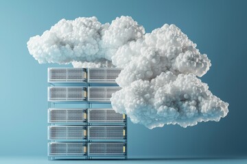 Fototapete - An illustration of a white cloud with blue back ground and cloud computing technology. A rendering of cloud storage technology with online data storage, cloud computing, and hosting technology.