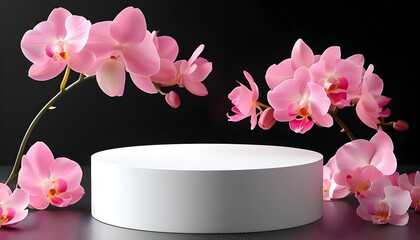 Wall Mural - Elegant white podium showcasing cosmetic beauty products adorned with exquisite pink orchids against a dramatic black background