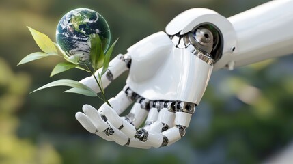 Wall Mural - In a robot's hand there is a globe and a tree, with an icon of the environment. It represents green technology and environmental technology, science, stock, and technology. It represents the