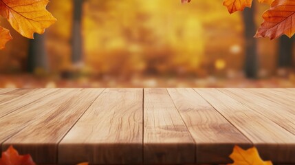 Poster - A wooden table with autumn leaves on the background, AI