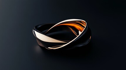 Modern abstract sculpture in black and gold on a dark background, showcasing elegant curves and contemporary design.