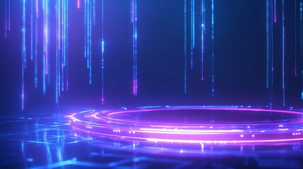 Canvas Print - A futuristic digital landscape featuring vibrant neon lights and glowing elements, perfect for technology or sci-fi themes. Stage for product presentation.