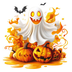 Friendly Ghost with Playful Smile Floating Above Pumpkin Patch, Halloween Clipart in Cartoon Style with Bright, Cheerful Colors and Whimsical Details on Transparent Background