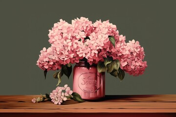 Sticker - Pink hydrangea flower jar plant.