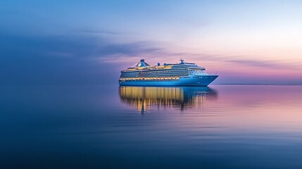 A cruise ship lit warmly against a twilight backdrop, reflecting beautifully on the tranquil ocean waters.