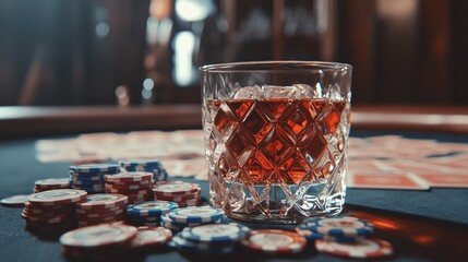 Wall Mural - A glass of liquor is on a table with a pile of poker chips. Scene is relaxed and casual, as it is a scene from a poker game or a night out at a bar