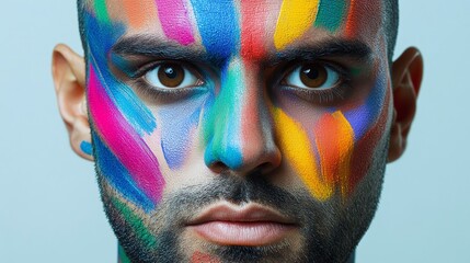 Close-up portrait of a man with abstract colorful makeup on his face