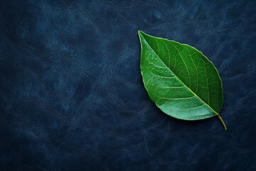 A navy leather background with a single, vibrant green plant leaf standing out in the corner, symbolizing life and growth.