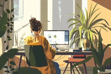 Wall Mural - Sunny Stylish Loft Apartment woman desk electronics.