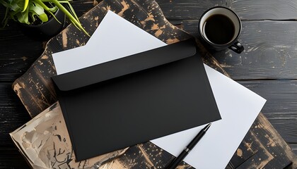 Wall Mural - Elegant mockup of blank A4 paper and envelope on a sleek black desk for branding and identity display