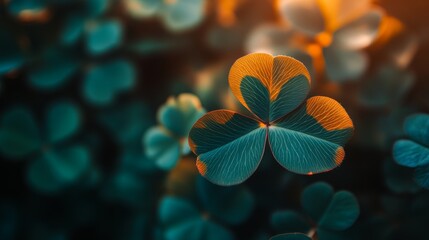 Close-up of clover leaf with warm sunlight highlighting edges, nature and tranquility concept