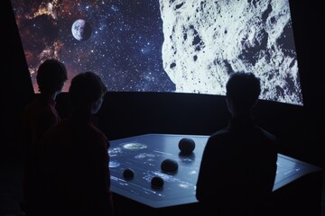 Wall Mural - an anonymous individual standing in an observatory hall exploring planets of the cosmos