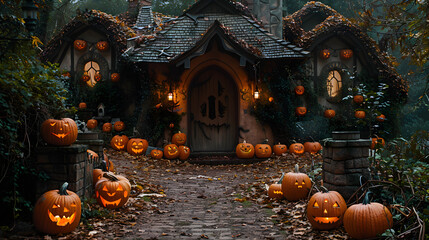 Spooky Halloween house with pumpkins glowing